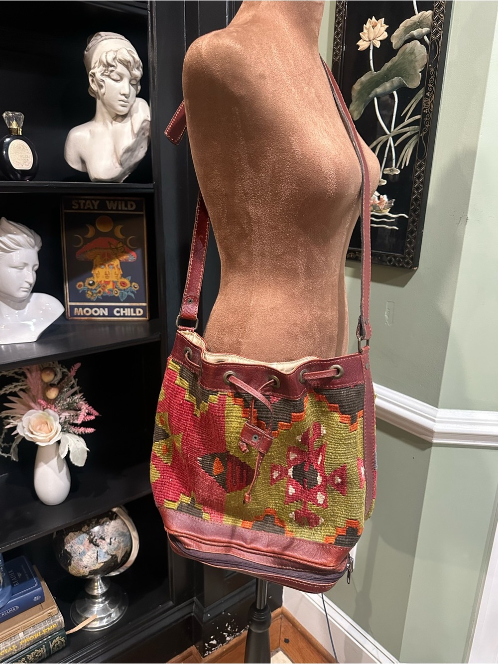 Vintage Turkish Kilim Bucket Bag – Leather Trim + Shoe Storage